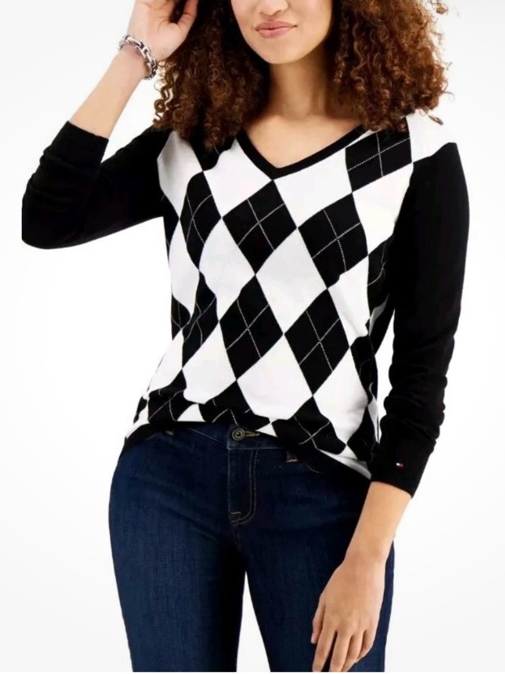Tommy Hilfiger Black & White Argyle V-Neck Sweater